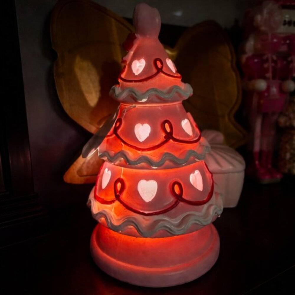 Pink Valentine Light Up Cake Tree Decor Heart Cutouts Bow Tabletop NWT
